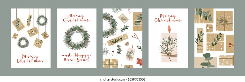 Set of different christmas cards, invitation. Presents in kraft paper, candles and wreaths. Rustic gift box. Eco decoration. Xmas and New 2021 Year celebration preparation. Vector flat cartoon style