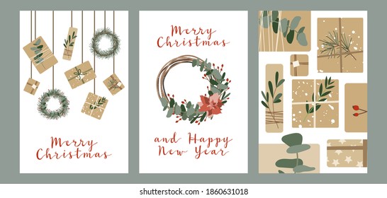 Set of different christmas cards, invitation. Presents in kraft paper, candles and wreaths. Rustic gift box. Eco decoration. Xmas and New 2021 Year celebration preparation. Vector flat cartoon style