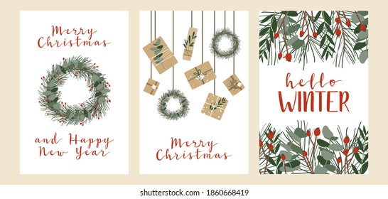 Set of different christmas cards, invitation. Presents in kraft paper, candles and wreaths. Rustic gift box. Eco decoration. Xmas and New 2021 Year celebration preparation. Vector flat cartoon style