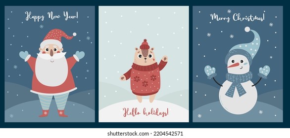 Set of different christmas cards, invitation. Merry Christmas greeting cards design with cute Christmas characters Santa Claus, snowman and chipmunk. Vector illustration. Vertical New Year cards