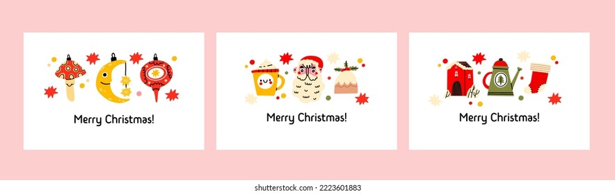 Set of different christmas cards, invitation. Xmas and New 2023 Year celebration preparation. Vector flat cartoon style. Christmas toys: balls, moon and mushroom. Santa, cup, pie, kettle, house, sock