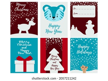 Set of different Christmas cards, invitations. Christmas and New 2022 Year celebration preparation. Vector flat cartoon style