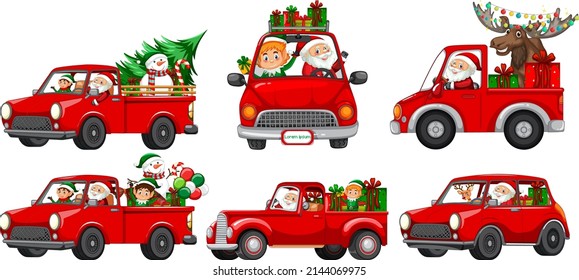 Set of different Christmas cars and Santa Claus characters illustration