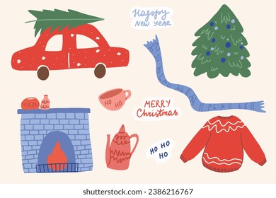 Set of different Christmas cozy stickers isolated on a white background