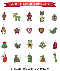 Set of different Christmas decorations isolated on white. Simple colors. For Christmas design, announcements, postcards, posters.