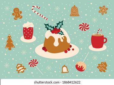 Juego de postres navideños diferentes. Galletas de invierno dibujadas a mano, caña de caramelo, jengibre, muffins, estolen. Elementos festivos para la cafetería y el menú del restaurante. Ilustración vectorial vintage