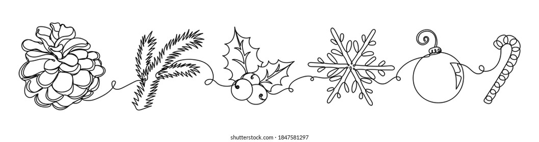 Set of different christmas details in a hand drawn linear style. Isolated in white.