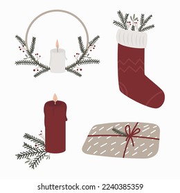Set of different christmas elements. Presents in kraft paper, candles and wreath. Rustic gift box. Eco decoration. Xmas and New 2023 Year celebration preparation. Vector flat cartoon style