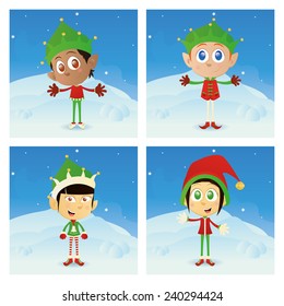 a set of different christmas elfs with different winter clothes