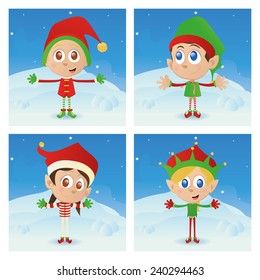 a set of different christmas elfs with different winter clothes