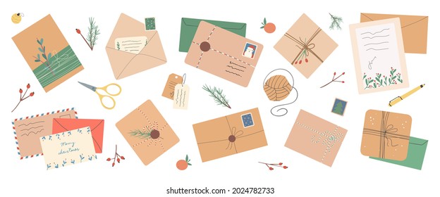 Set of different Christmas envelopes with mail, postage stamps and postcards, parcels, vector flat illustration.Set of various craft paper letters.