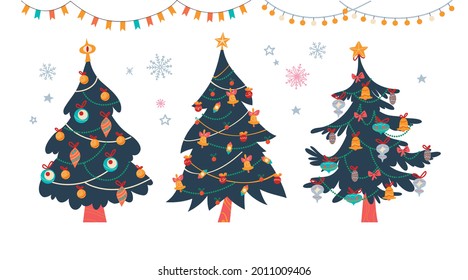 Set of different Christmas fir trees decorated with ornate decor elements, toys balls, bells and garlands isolated. Vector flat cartoon illustration. For Christmas cards, patterns, stickers, ads etc.