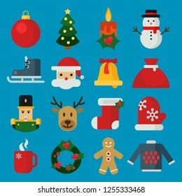 Set of different Christmas flat icons with long shadow isolated on blue background. New year and winter holiday elements Vector illustration for web and mobile design.