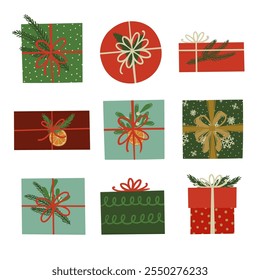 Set von verschiedenen Weihnachtsgeschenkboxen.  Handgezeichneter Stil Vektorgrafik