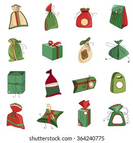 Set of different Christmas gift boxes isolated on white. Simple colors. For Christmas design, announcements, postcards, posters.