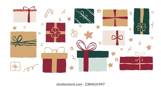 Set of different Christmas gifts. Presents. collection isolated on white. Colorful wrapped. Vector elements for birthday, New year, Christmas, wedding.