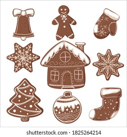 A set of different Christmas gingerbread cookies with glaze. Bell, man, house, sock, snowflakes, tree, ball and mitten.