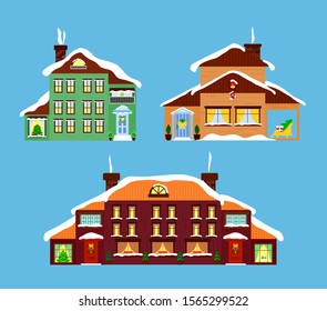 Set of different christmas house. Hotel, forest lodge, chalet, cottage. Flat design. Vector illustration. As template of card, invitation, print, icon. Winer holiday concept. New year event.