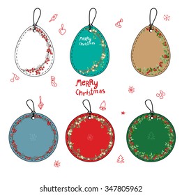 Set with different Christmas labels on white