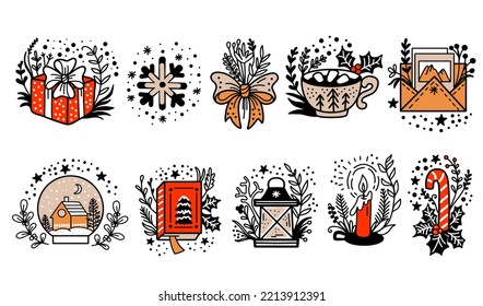 Set of different christmas line art doodle icons. Colorful isolated vector illustration, white background. For greeting cards, print, design, posters and banners, stickers, fabric, porcelain and decor