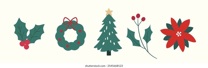 Set of different Christmas plants illustration in flat style.
Winter Christmas plants illustrations set. 
Christmas botanical design elements. 