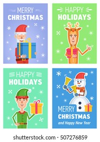 Set of different Christmas posters. Christmas greeting card, placard. Cheerful Santa Claus, elf, snowman, man wearing reindeer costume posing in different situations. Flat style vector illustration