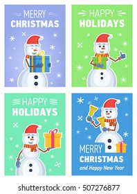 Set of different Christmas posters. Christmas greeting card, placard. Cheerful snowman holding gift box, present, jingle bells. Flat style vector illustration