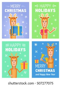 Set of different Christmas posters. Christmas greeting card, placard. Cheerful man wearing reindeer costume holding gift box, jingle bells. Flat style vector illustration