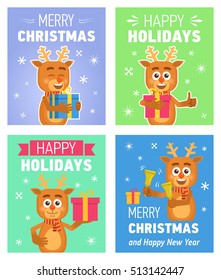 Set of different Christmas posters. Christmas greeting card, placard. Cheerful cartoon reindeer holding gift box, present, jingle bells. Flat style vector illustration