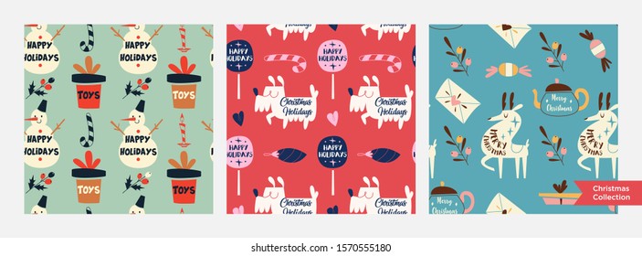 Set of Different Christmas seamless patterns. Endless texture for wallpaper, web page background, wrapping paper and etc. Retro style.