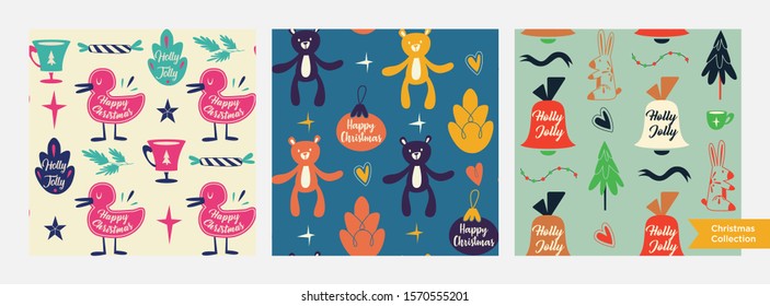 Set of Different Christmas seamless patterns. Endless texture for wallpaper, web page background, wrapping paper and etc. Retro style.