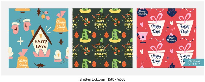 Set of Different Christmas seamless patterns. Endless texture for wallpaper, web page background, wrapping paper and etc. Retro style.