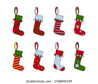 Set of different Christmas socks. Colorful vector illustration in flat style.