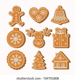 Set of different Christmas sweet spices, different shapes and with different images on a white background. The concept of a holiday. Vector illustration.