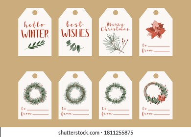 Set of different christmas tags, labels. Rustic gift box. Eco decoration, eucalyptus and spruce. Xmas and New 2021 Year celebration preparation. Vector flat cartoon style