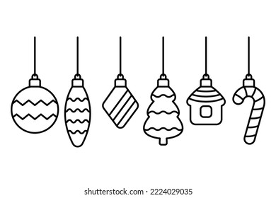 Set of different Christmas toys icon. Black contour linear silhouette. Front side view. Editable strokes. Vector simple flat graphic illustration. Isolated object on a white background. Isolate.