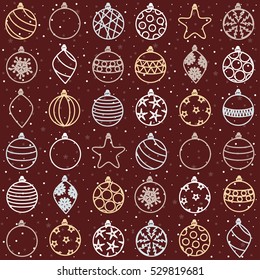 Set of different Christmas toys on a background of snowfall