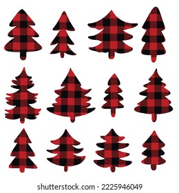 Set von verschiedenen Weihnachtsbaum handgezeichnet Silhouetten mit Classic Buffalo Plaid Lumberjack Ornament. Rot und schwarz karierter Flanell drucken verschiedene Tannenbaumkollektion. Winterferien, Weihnachten
