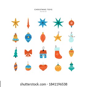 Set of different christmas tree toys, cute baubles or balls and various decorations. Vector hand drawn illustration in flat cartoon style.