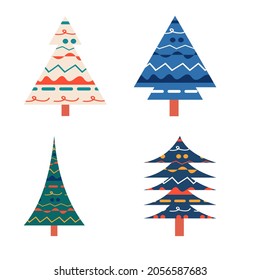Set of different Christmas trees with abstract ornament. Vector illustration in flat style