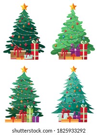Set of different christmas trees. Beautiful spruces in cartoon style.