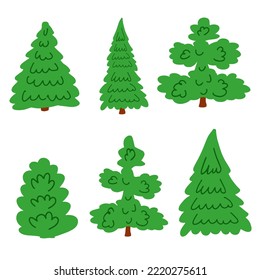Set of different Christmas trees. Festive design elements for greeting card, invitation, banner, web design isolated on white background. Colorful vector illustration in flat cartoon style.