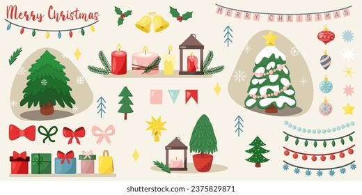 Set with different Christmas trees, gifts, candles and decoration elements, vector