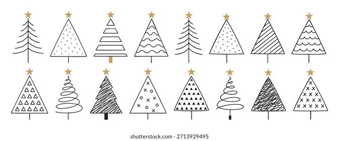 Set of different christmas trees with gold stars on top in hand drawn doodle style, isolated on white background. concept of holiday decor, festive icon, graphic design element, winter celebration..