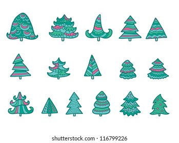 Set of different christmas trees isolated on white - in green, blue and pink colors