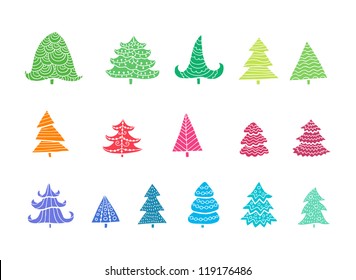 Set of different christmas trees isolated on white