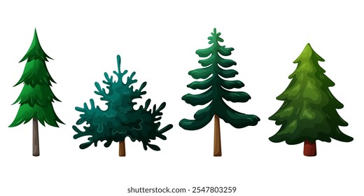 Set of different Christmas trees. Pine, spruce, fir on white background. Symbol of winter holiday for design, greeting card, invitation, banner, web.