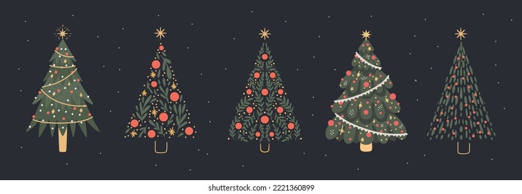 Set of different Christmas trees in Scandinavian style. Doodle hand drawn illustration