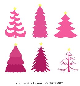 a set of different Christmas trees with a star on top. vector illustration. Pink Christmas trees
