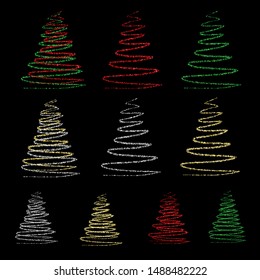 Set of the different christmas trees. Christmas tree collection. Vector golden sparkling Christmas tree illustrations for background, card, banner design.